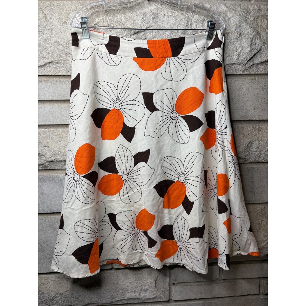 Cato Linen Blend Floral A-Line Skirt White Orange‎ Brown Retro Size 12